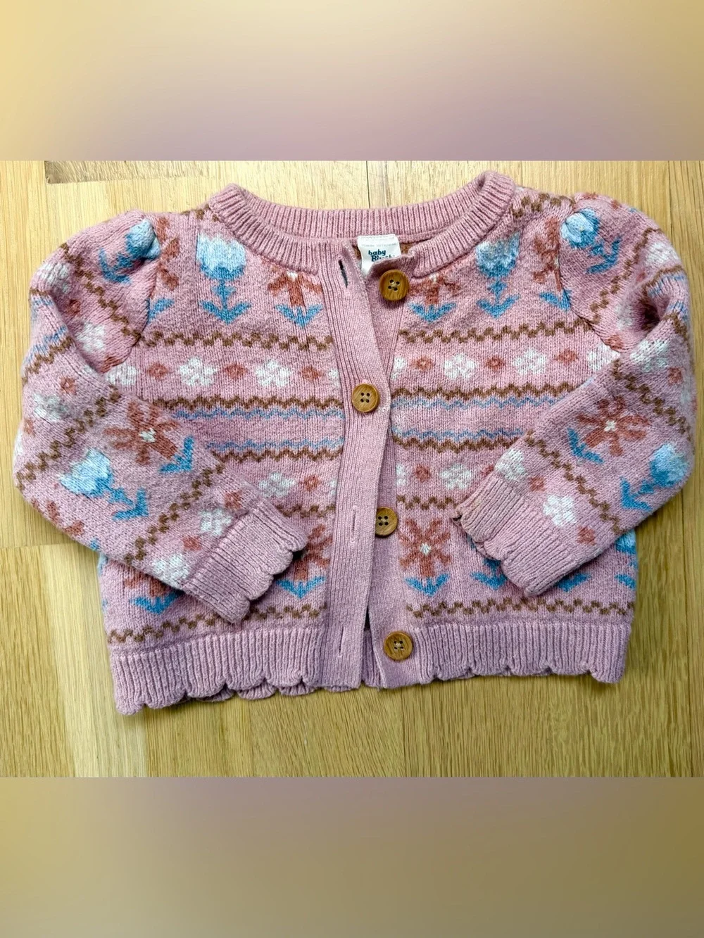 Pink Floral Knit Baby Cardigan with Wooden Buttons